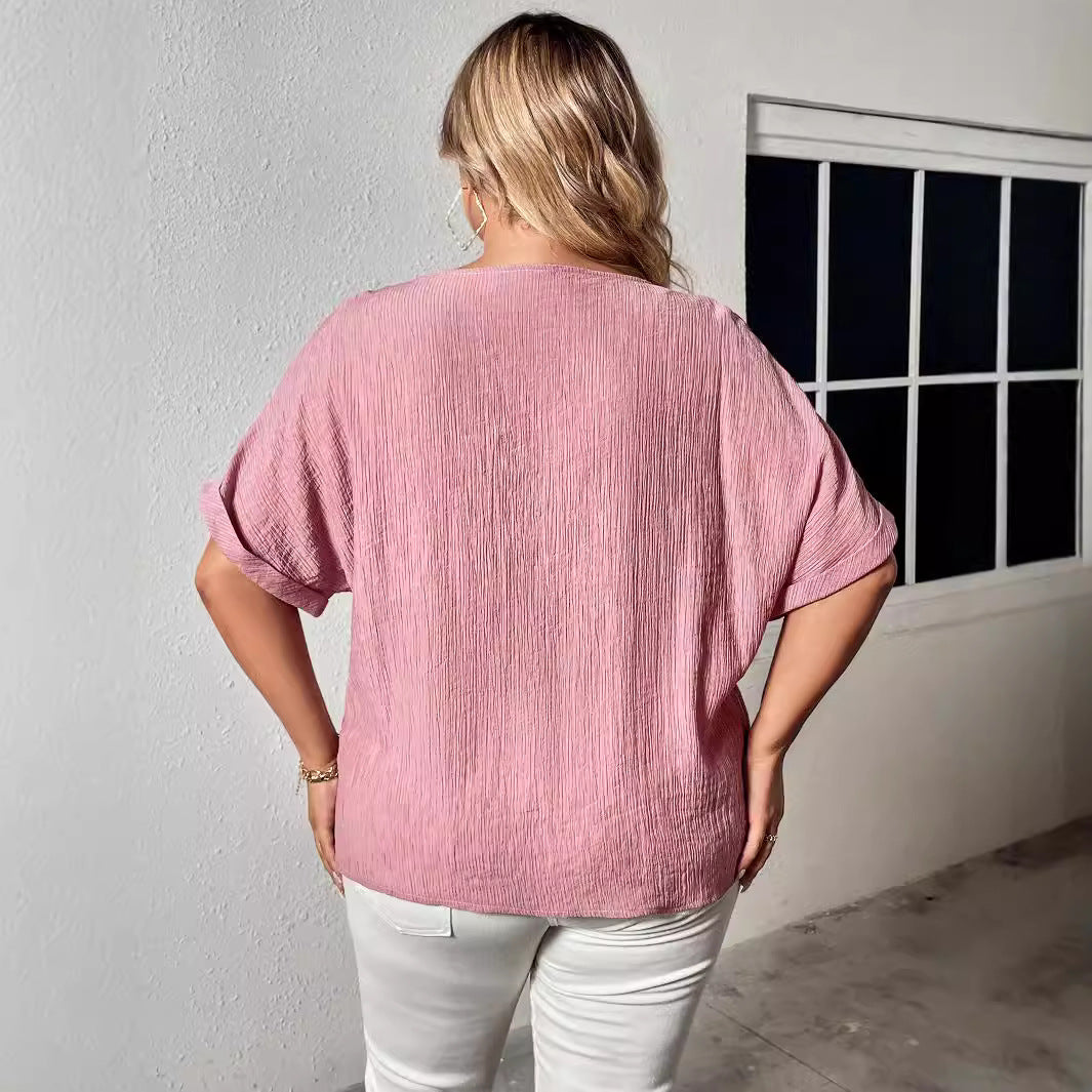 Loose-Fit V-Neck Button Short Sleeve Shirt for Women