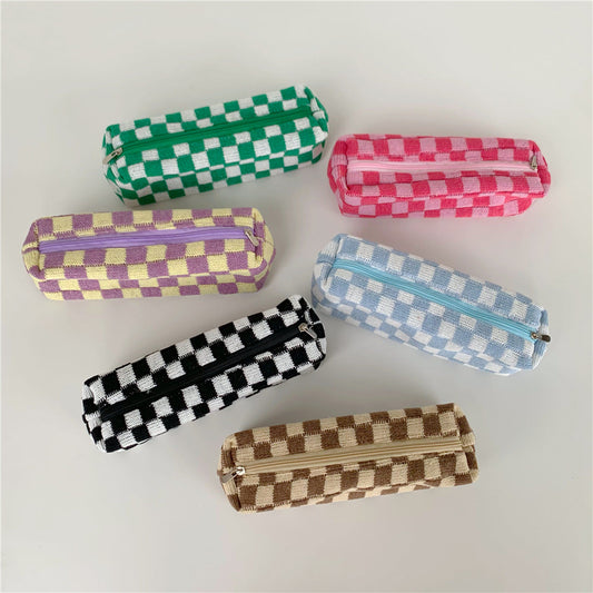 Simple Plaid Color Block Knit Make Up Bag