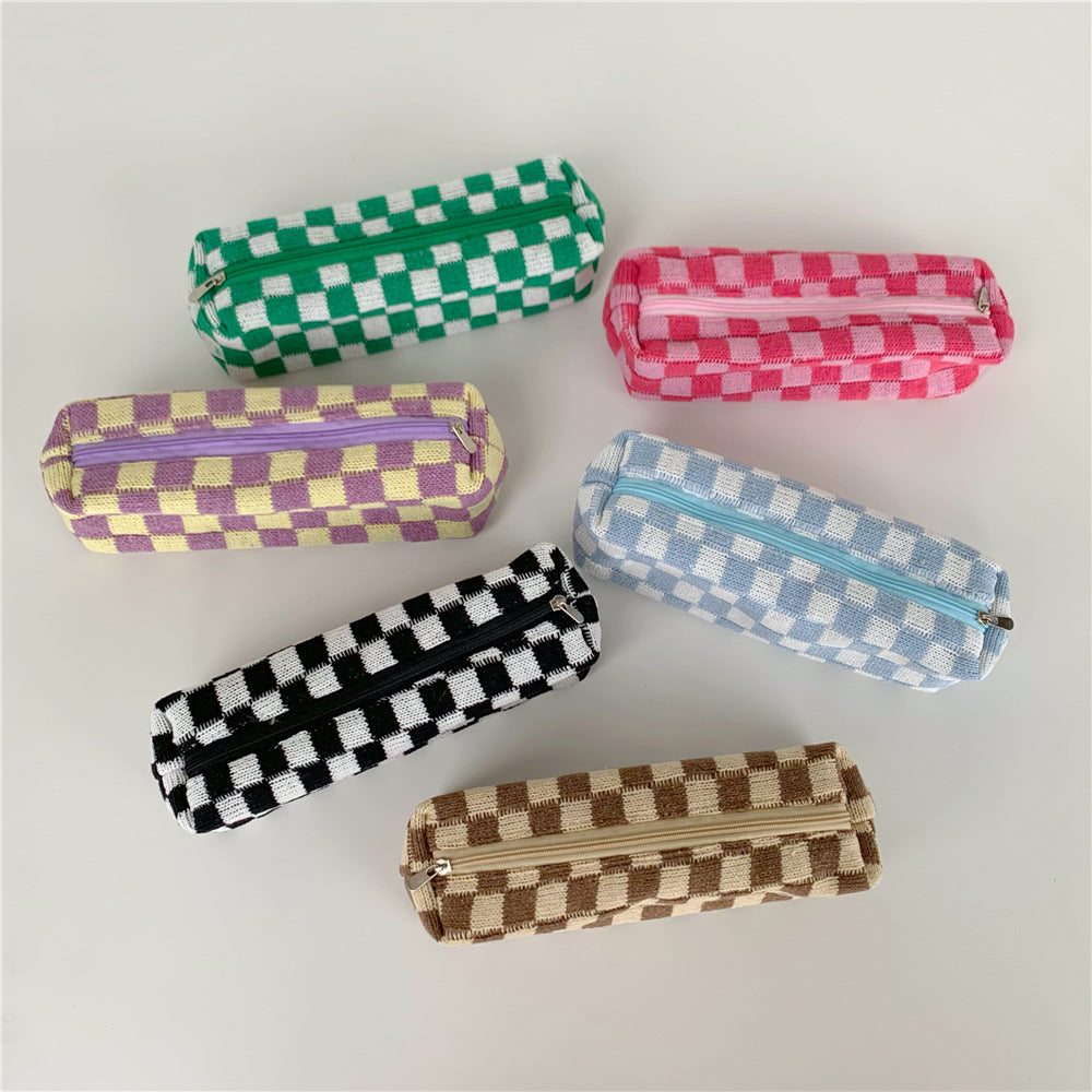 Simple Plaid Color Block Knit Make Up Bag