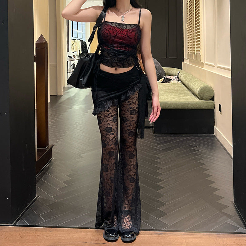 Dark Velvet Crop Top And Asymmetrical Lace Flare Pants Set