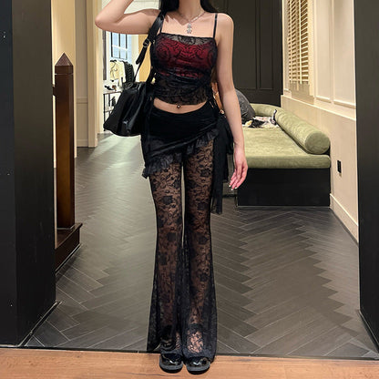 Dark Velvet Crop Top And Asymmetrical Lace Flare Pants Set