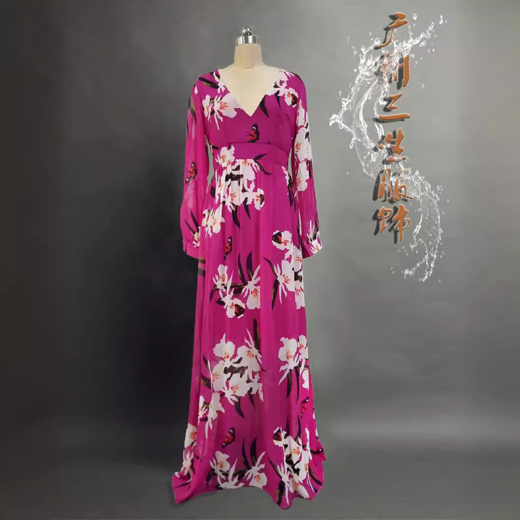 Fashion V-Neck Long Sleeve Maxi Dress With Floral Print