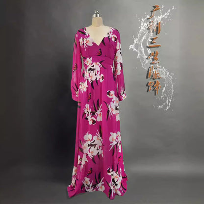 Fashion V-Neck Long Sleeve Maxi Dress With Floral Print