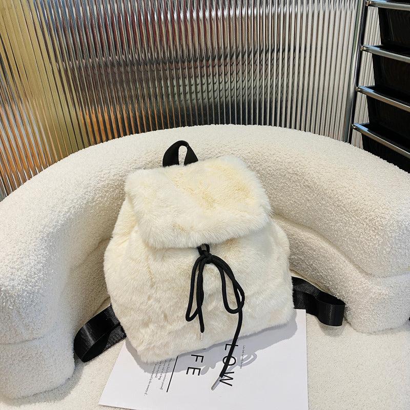 Leopard Print Plush Backpack Soft Fur Drawstring Bag