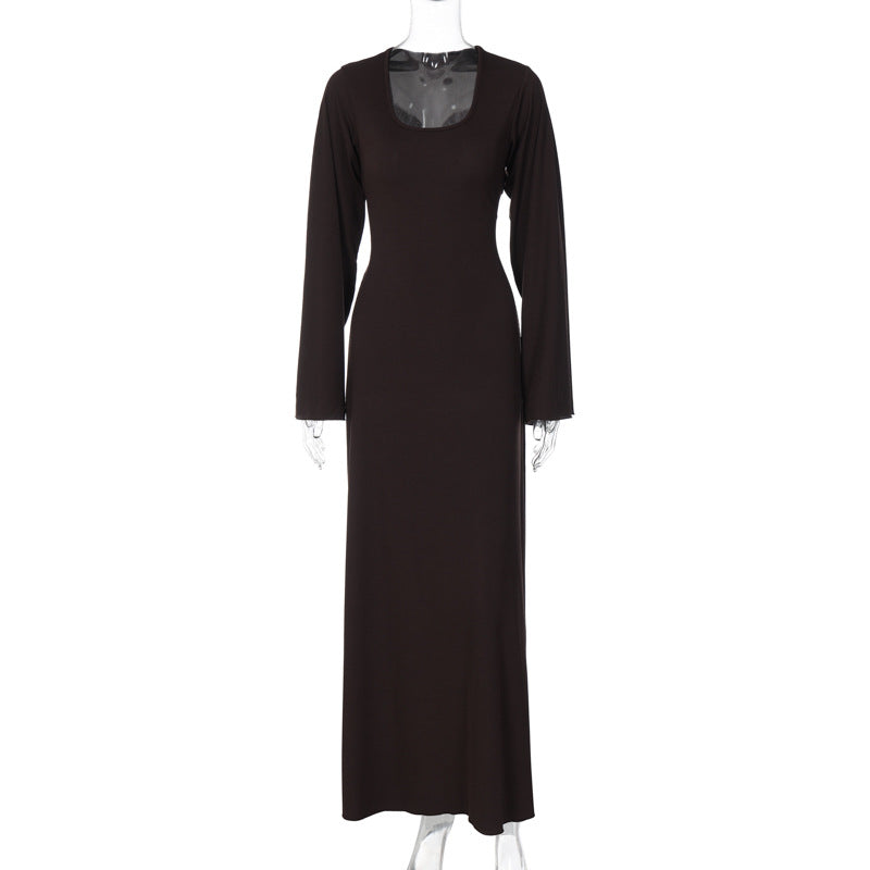 Trendy Casual U-Neck Long Sleeve Dress with Back Tie