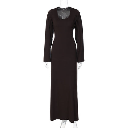 Trendy Casual U-Neck Long Sleeve Dress with Back Tie