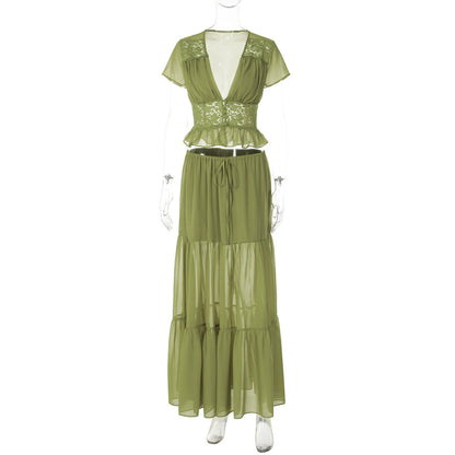 Trendy French Lace Chiffon Cardigan T-Shirt with Loose Fit Maxi Dress