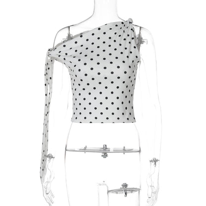 Trendy Polka Dot Off-Shoulder Tie T-Shirt for Women
