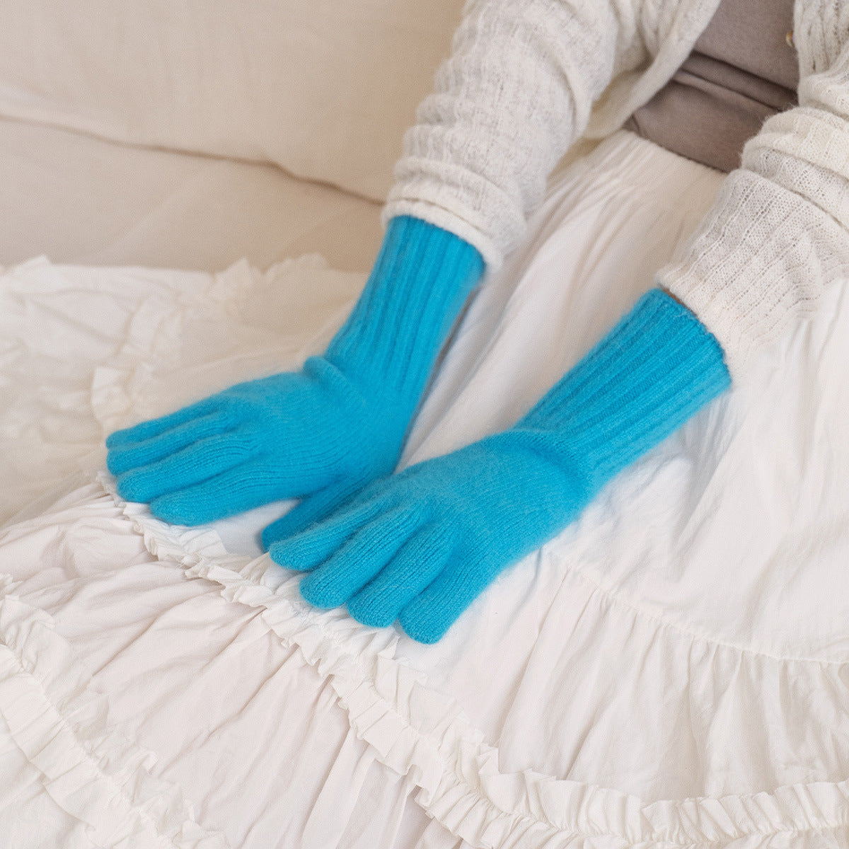 Raccoon Fur Knitted Touchscreen Gloves Stylish Long Warm Five-Finger Winter Gloves