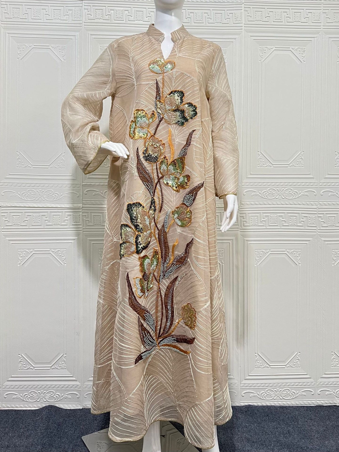 Embroidered Mesh Maxi Dress Elegant Muslim Abaya