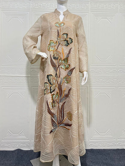 Embroidered Mesh Maxi Dress Elegant Muslim Abaya