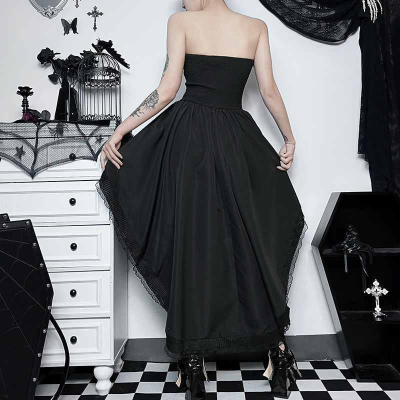 Gothic Style Black Draped Strapless Maxi Dress