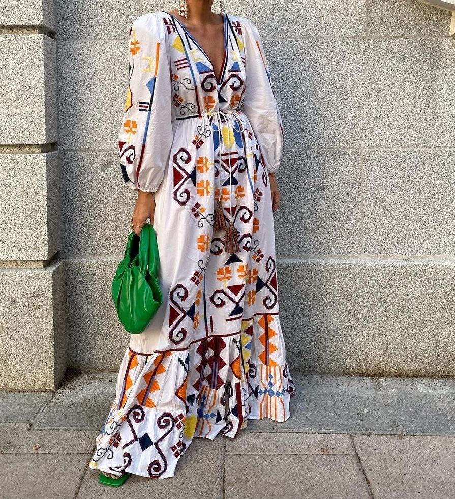 Holiday Style Lantern Sleeve Printed Long Skirt Mop The Floor Skirt