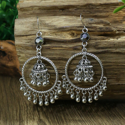 Vintage Tribal Silver Earrings with Beads and Tassels