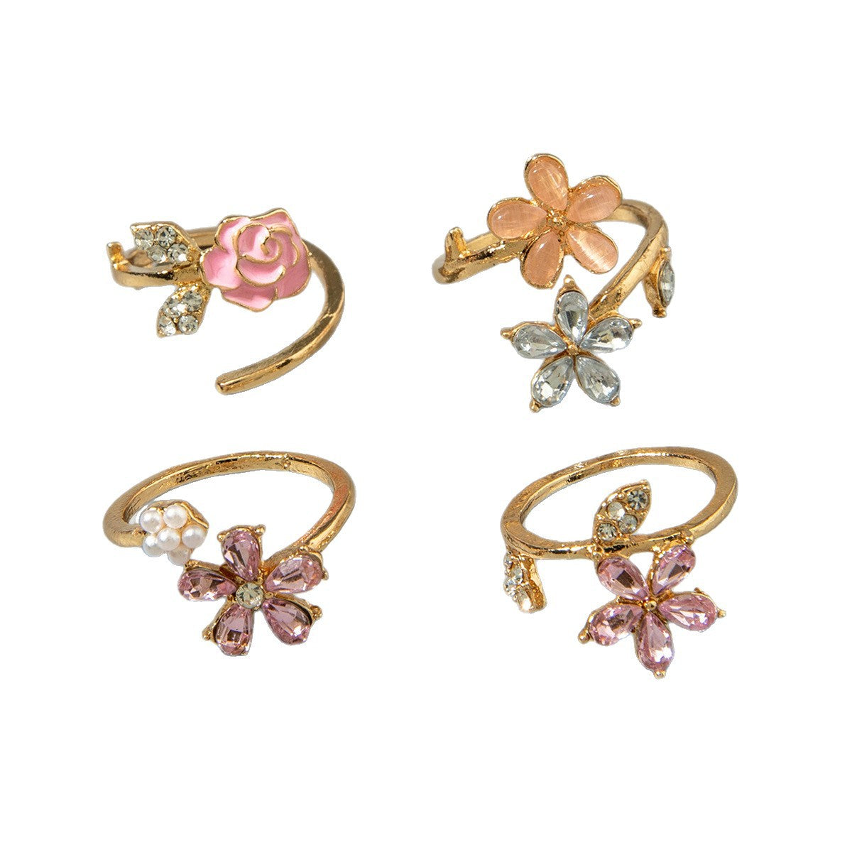 Flower Ring Set Gold Alloy Rings With Rhinestones And Pearls