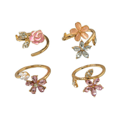 Flower Ring Set Gold Alloy Rings With Rhinestones And Pearls