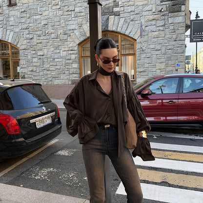 Bell Sleeve Lapel Satin Shirt For Women