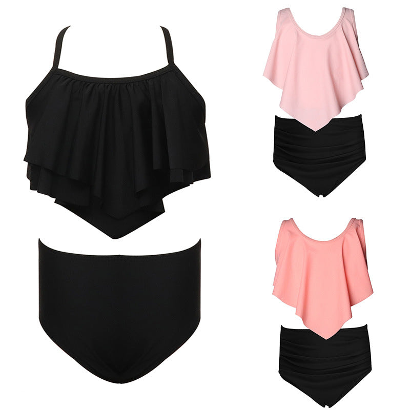 Girls' Solid Color Two-Piece Swimwear - Trendy Nylon Bikini