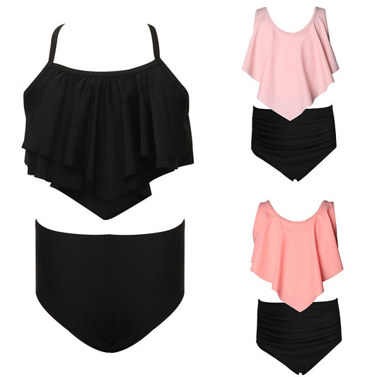 Girls' Solid Color Two-Piece Swimwear - Trendy Nylon Bikini