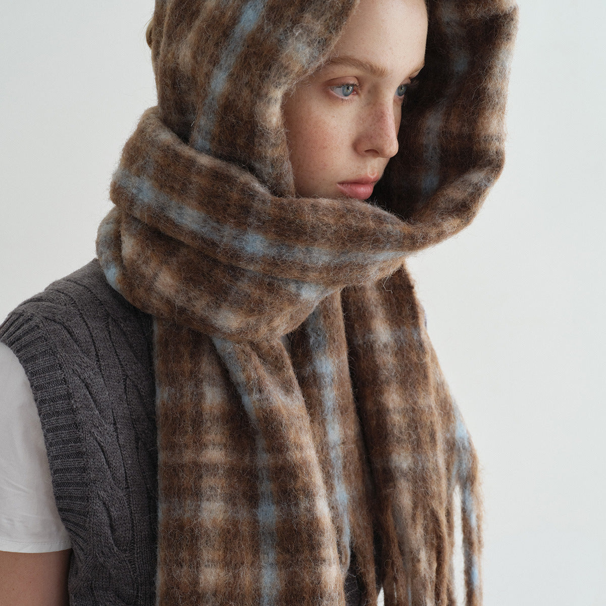 Wool Blend Fringed Plaid Scarf Cozy Casual Shawl