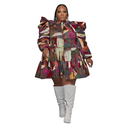 Fashionable Floral Ruffle Button-Up Dress Plus Size