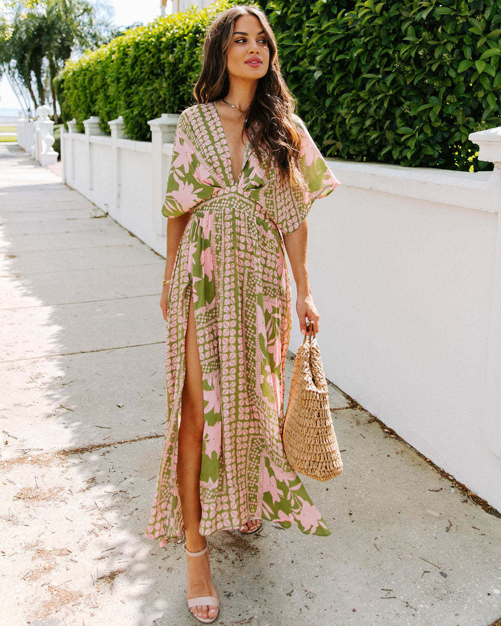 V-Neck Floral Print Side Split Dress
