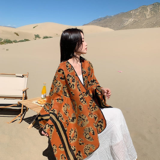 Ethnic Style Cape Coat Shawl Lhasa Scarf Female Leopard Pattern Autumn And Winter Grassland Scarf