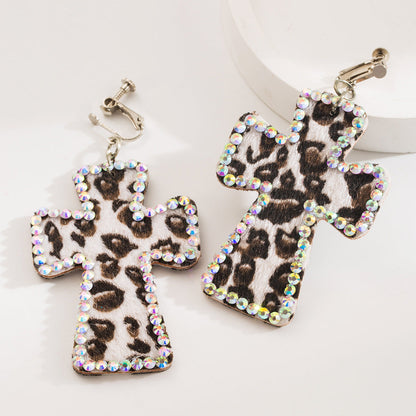 Trendy Y2K Cross Earrings Genuine Leather Leopard Print Geometric Style