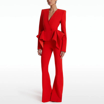 Elegant Ruffled Top & Flared Pants Set - Style