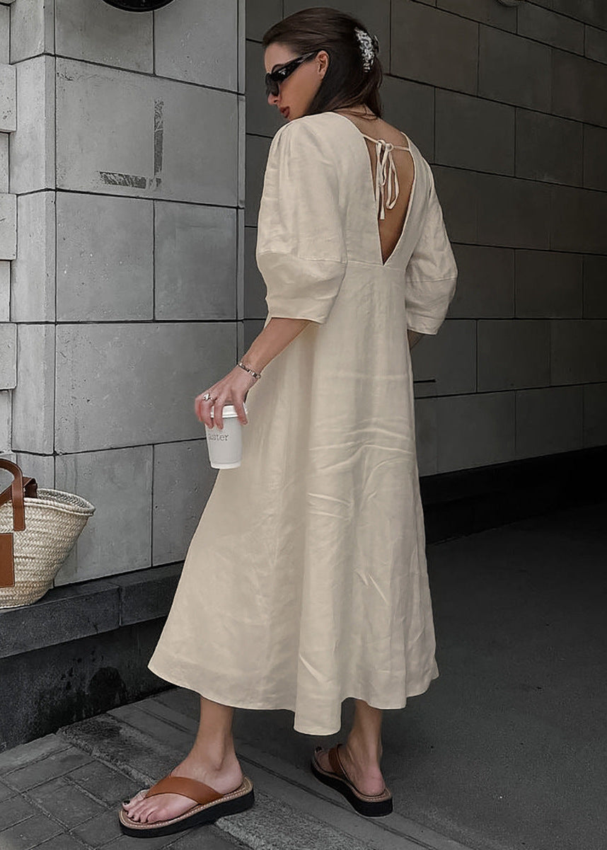 Linen Button Down Midi Dress With Puff Sleeves