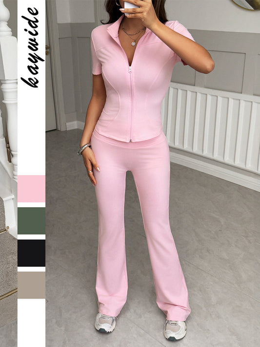 Y2K Zip-Up Short Sleeve Sports Set for Women
