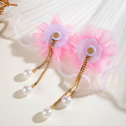 Exaggerated Flower Tassel Earrings With Faux Pearl For Women