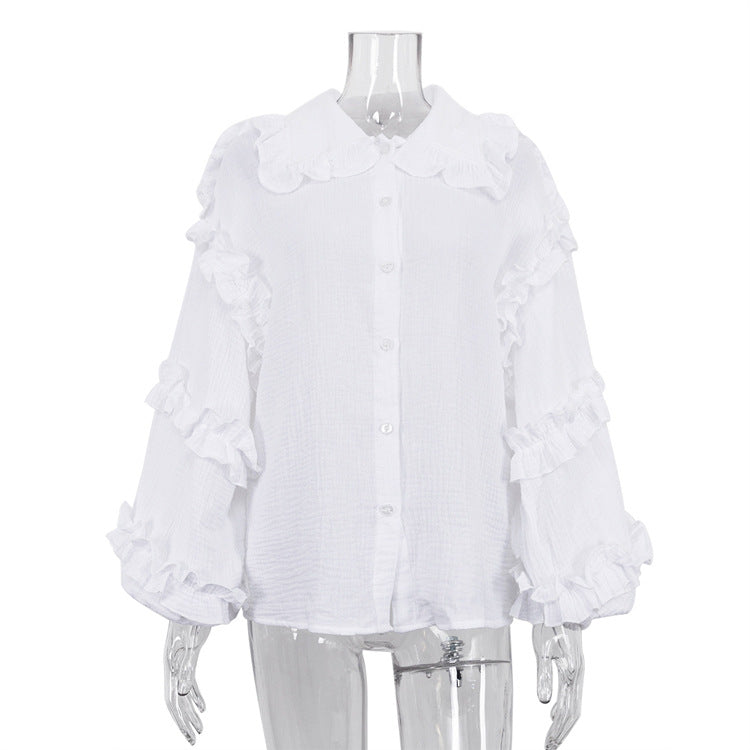 Casual White Cotton Lantern Sleeve Shirt