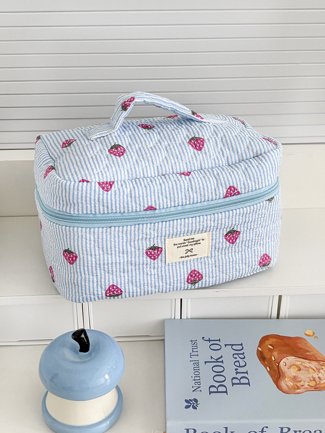 Blue Strawberry Striped Makeup Bag Quilted Portable Toiletry Bag