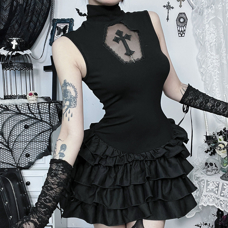 Gothic Hollow Cross Bodycon Pleated Dress