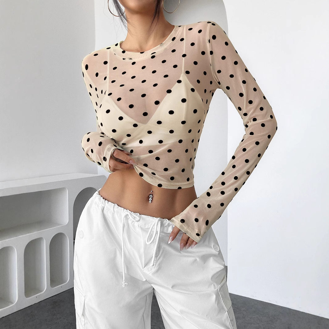 Sexy Polka Dots Mesh Long Sleeve Sheer Blouse