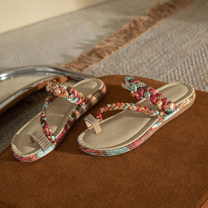 Bohemian Fashion Wooden Bead Rhinestone Wedge Heel Comfortable Large Size Sandals For Women