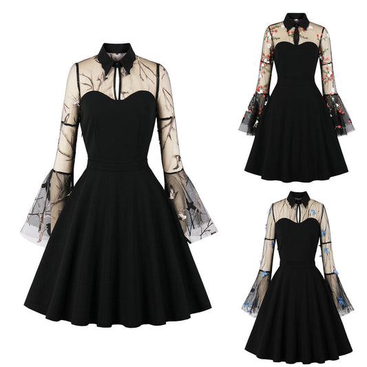 Halloween Black Queen Vintage Lace Embroidered Dress