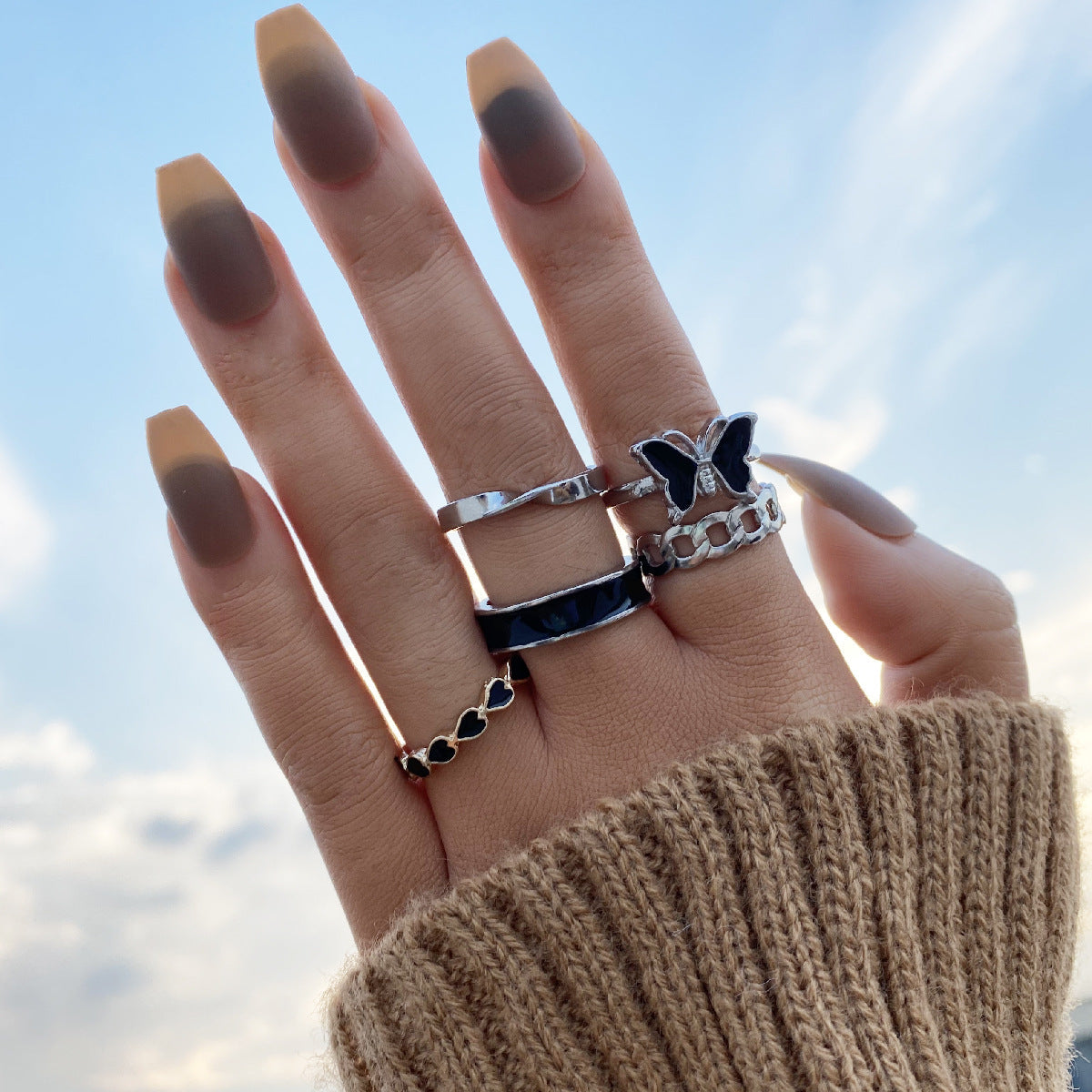 9-Piece Set Of Vintage Crying Face Rings, Playing Card Rings, Hollowed Out Love Rings, Daisy Rings, Alloy Chain Rings