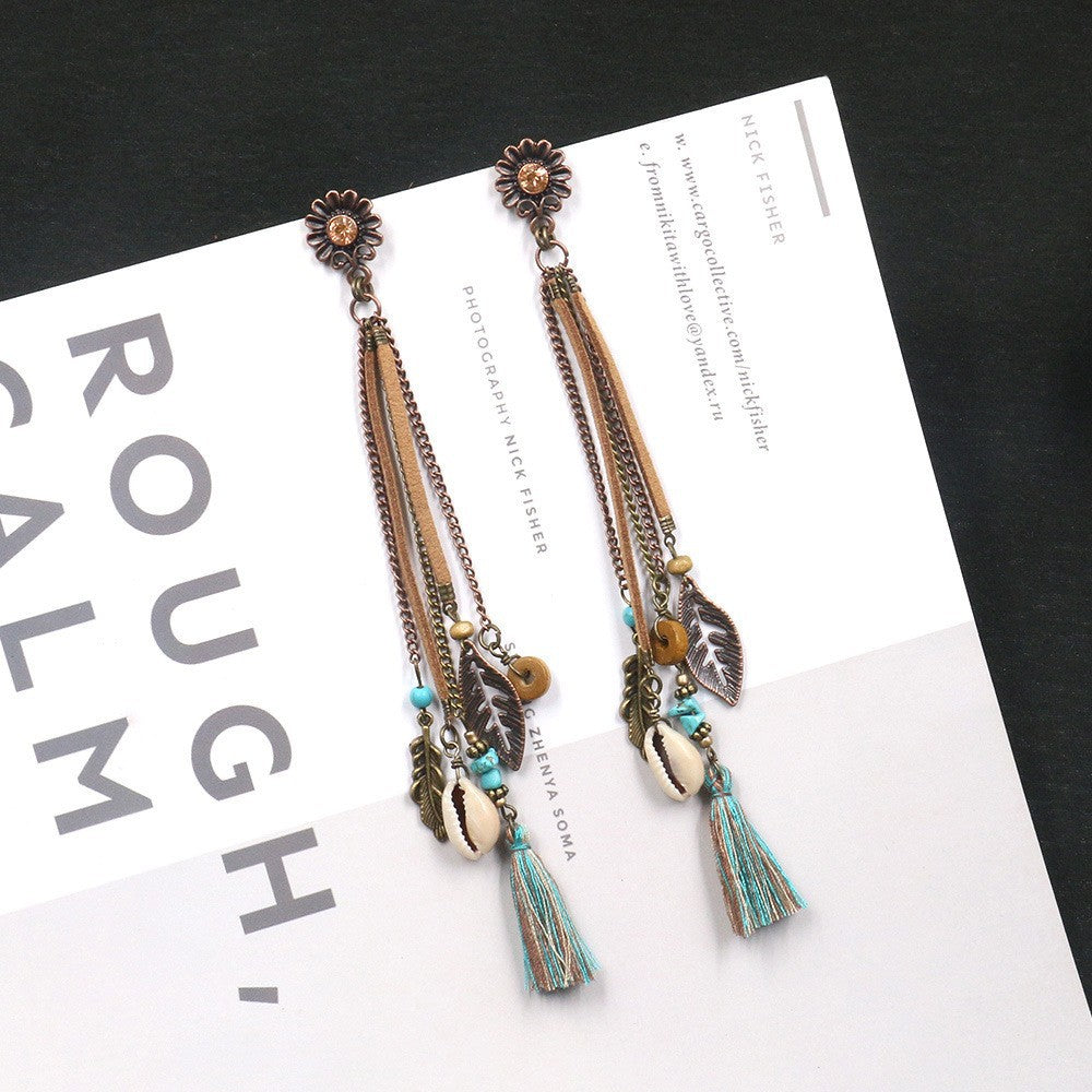 Trendy Long Tassel Earrings with Shell and Leaf Design