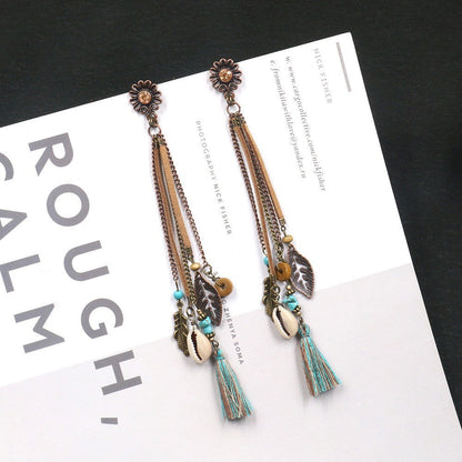 Trendy Long Tassel Earrings with Shell and Leaf Design