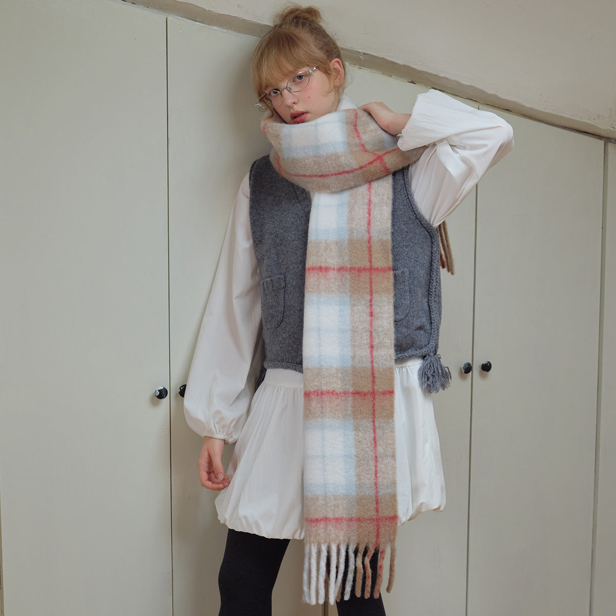 Japanese-Inspired Plaid Scarf Soft Wool Blend Shawl