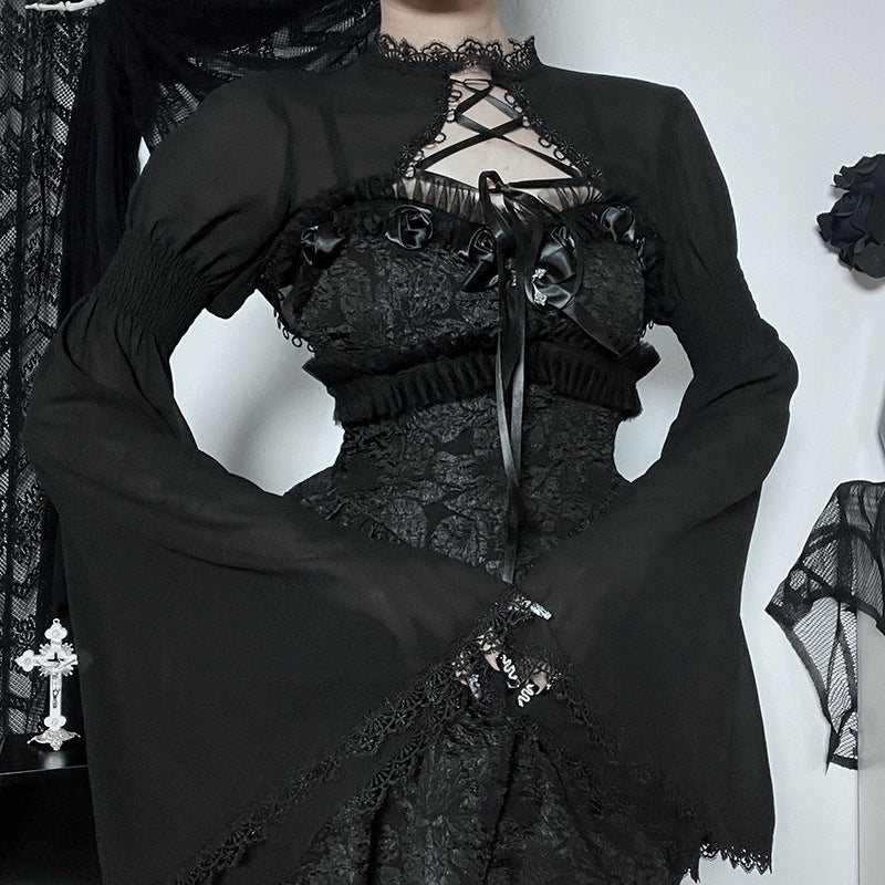 Gothic Lace Overlay Black Button-Up Top for Women