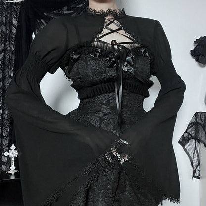 Gothic Lace Overlay Black Button-Up Top for Women