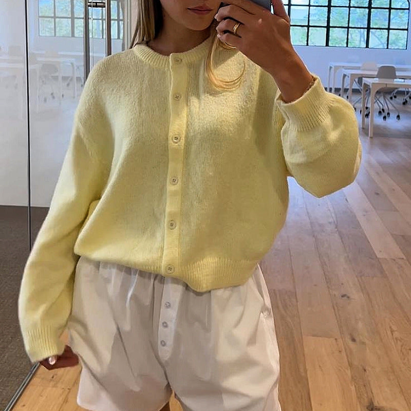 Solid Color Round Neck Loose Cardigan