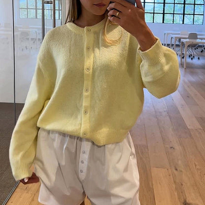 Solid Color Round Neck Loose Cardigan