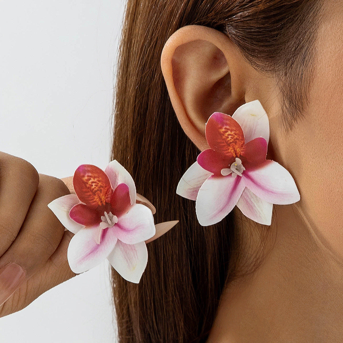 Bohemian Style 3D Orchid Flower Earrings Handmade Statement Jewelry