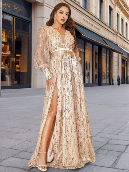 Sequin Maxi Dress with V-Neck and Strap Design