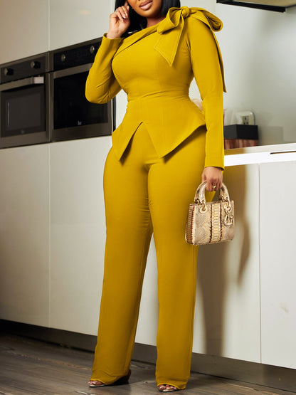 Chic Solid Long Sleeve Top And Pants Set