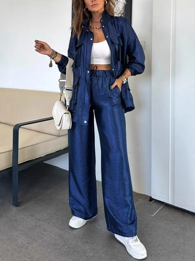 Fashionable Long Sleeve Solid Color Two-Piece Set with Straight-Leg Pants